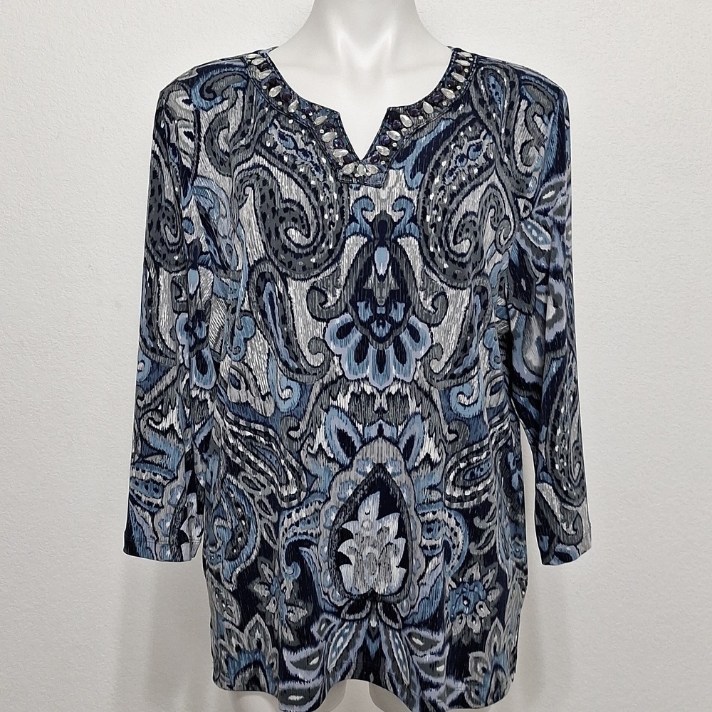 Alfred Dunner Blue Bohemian Coastal Paisley Floral Bejeweled Blouse Size L